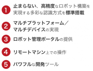 止まらない、高度なロボット構築を実現する多彩な認識方式を標準搭載 マルチプラットフォーム/マルチブラウザの実現 ロボット管理ポータルの提供 リモートマシン上での操作 パワフルな開発ツール